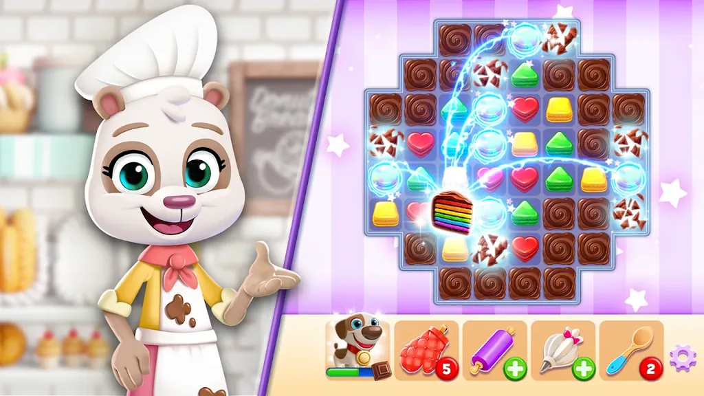 Cookie Jam gameplay: a bakery board of chocolate swirls and jelly pieces beside a baker character