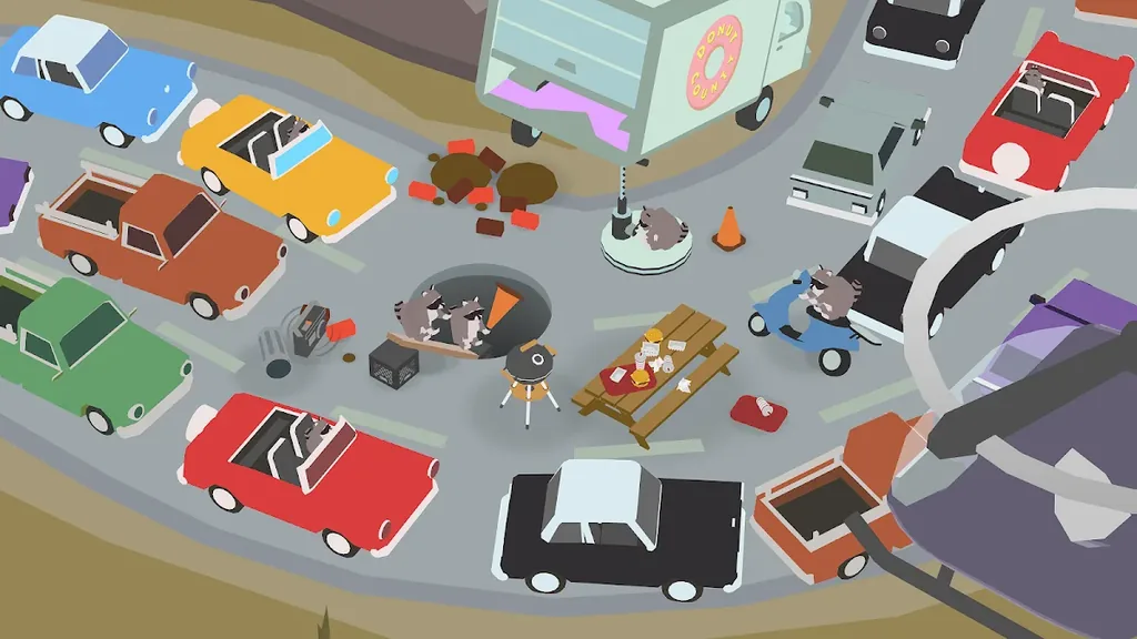 Donut County gameplay: a street of parked cars tilting into a growing hole