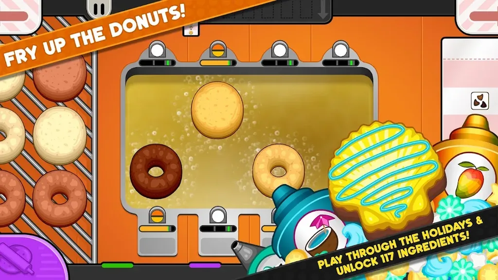 Papa's Donuteria To Go! gameplay: rings of dough in the fryer beside trays of finished donuts